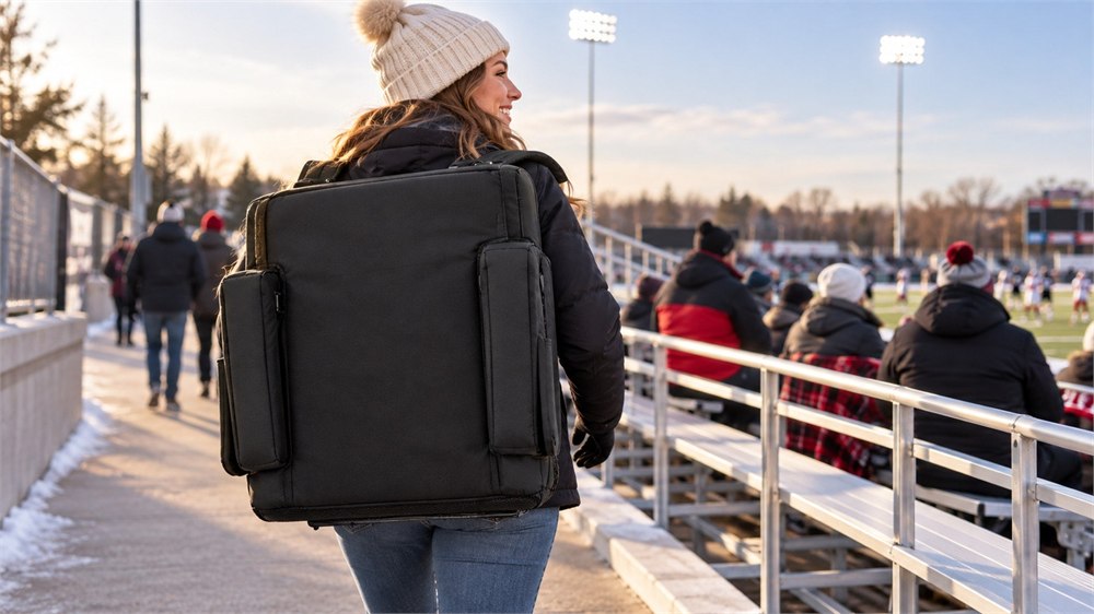 Woman carrying a folded black heated bleacher seat into a winter stadium