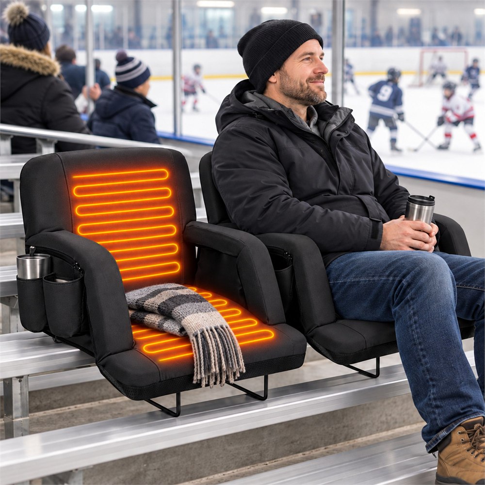 Heated bleacher seat with illustrated heat zones beside a spectator at a hockey rink