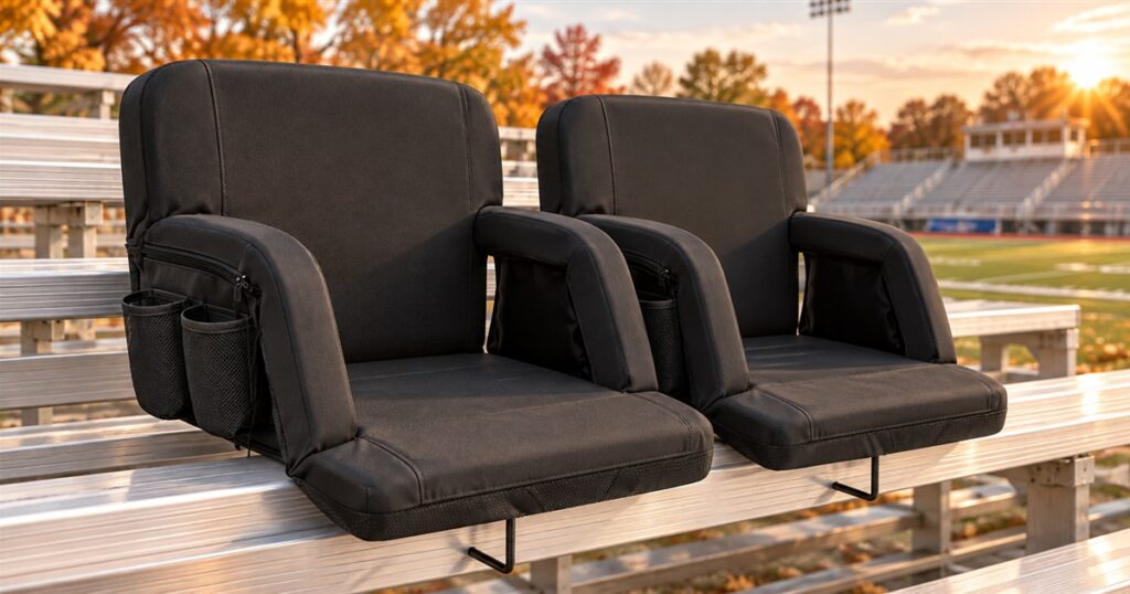 Two black padded heated bleacher seats on a stadium bench