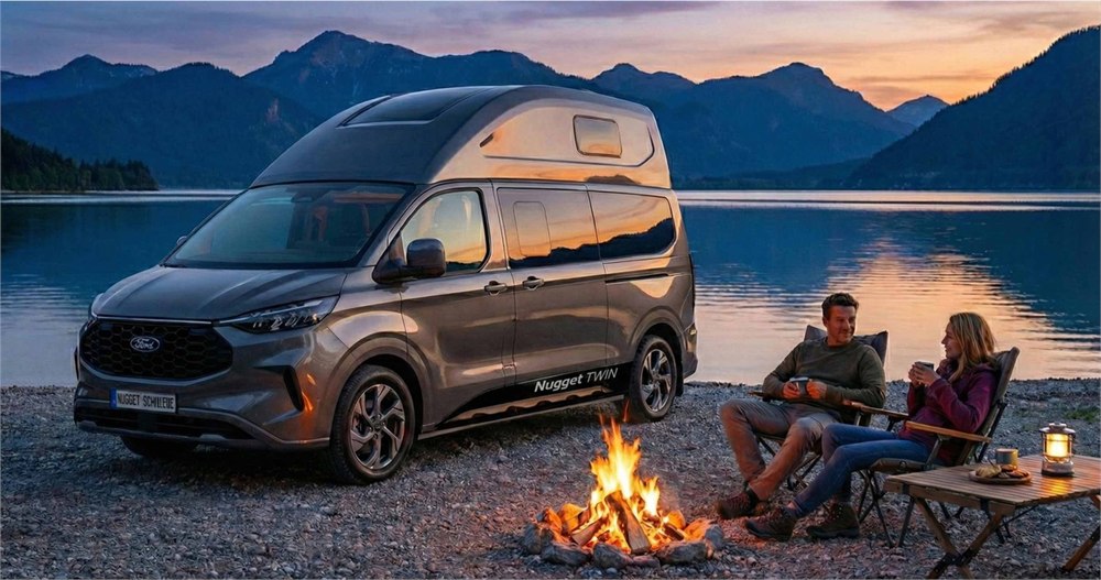 Manufacturer concept visual of the Nugget Twin fixed high-roof camper beside a lake