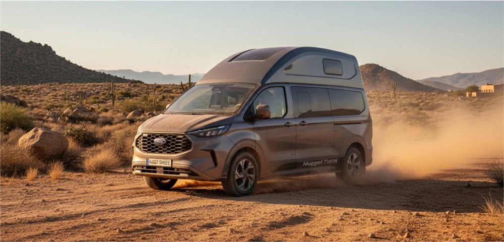 Manufacturer concept visual of the high-roof camper on a dirt road