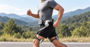 Silver hip-assist exoskeleton worn outdoors