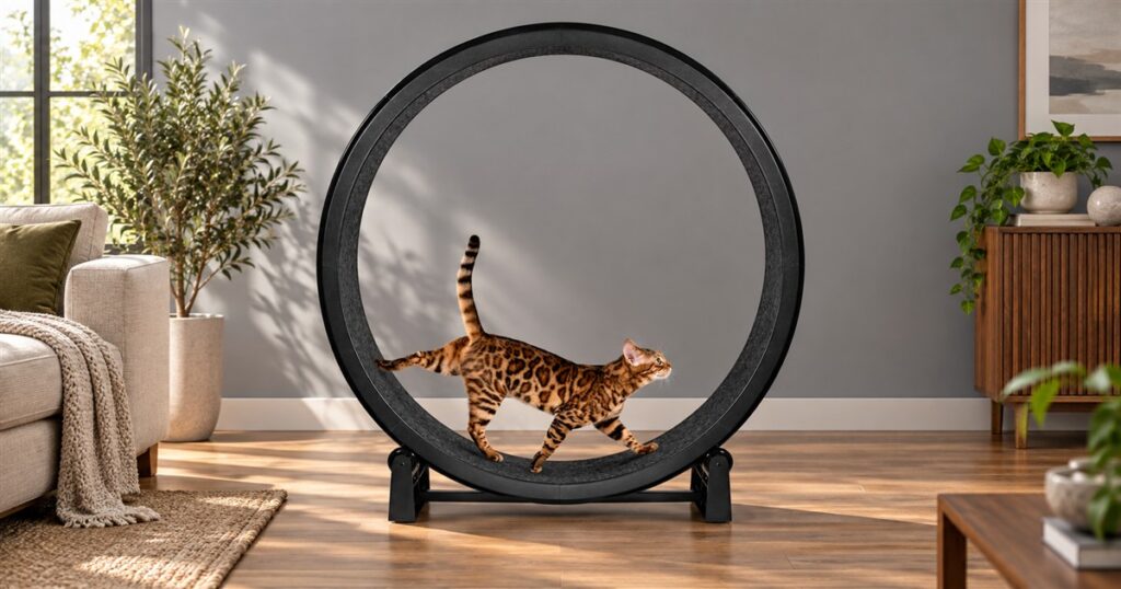 Editorial illustration of a Bengal cat using a black exercise wheel in a living room