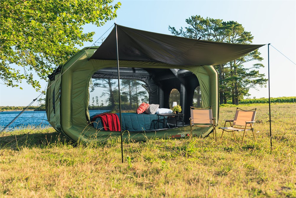 Olive green Cube inflatable tent with extended awning
