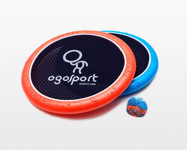 OgoDisk Mini orange and teal 12 inch trampoline disks with OgoSoft ball