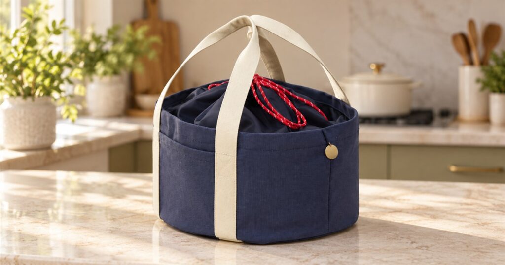 Navy insulated Dutch oven tote with cream handles and red drawcord
