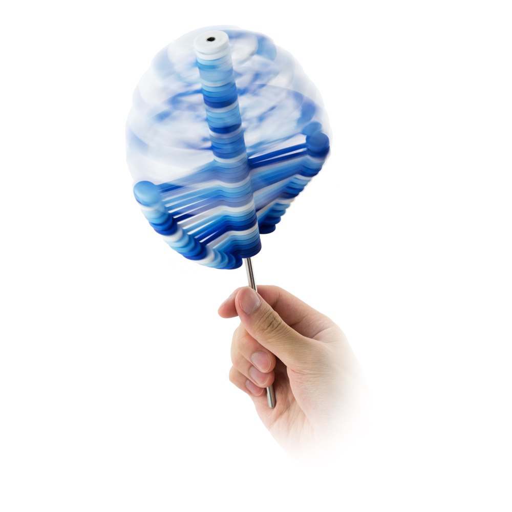 Hand spinning the blue and white Lollipopter, showing motion in the plastic elements