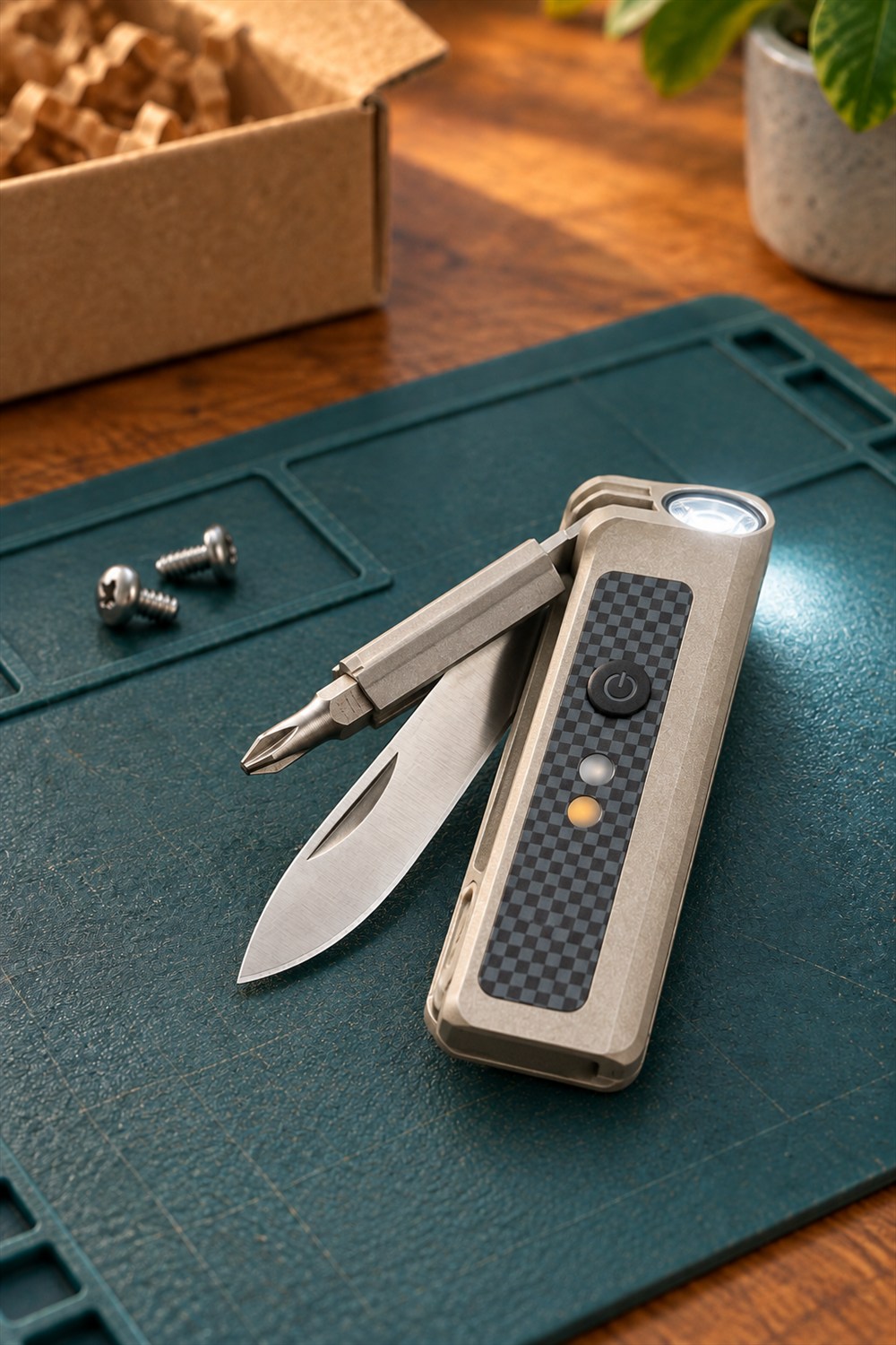 Desert White OKNIFE MK with its blade and Phillips bit holder partly unfolded and flashlight lit on a teal repair mat beside two screws.