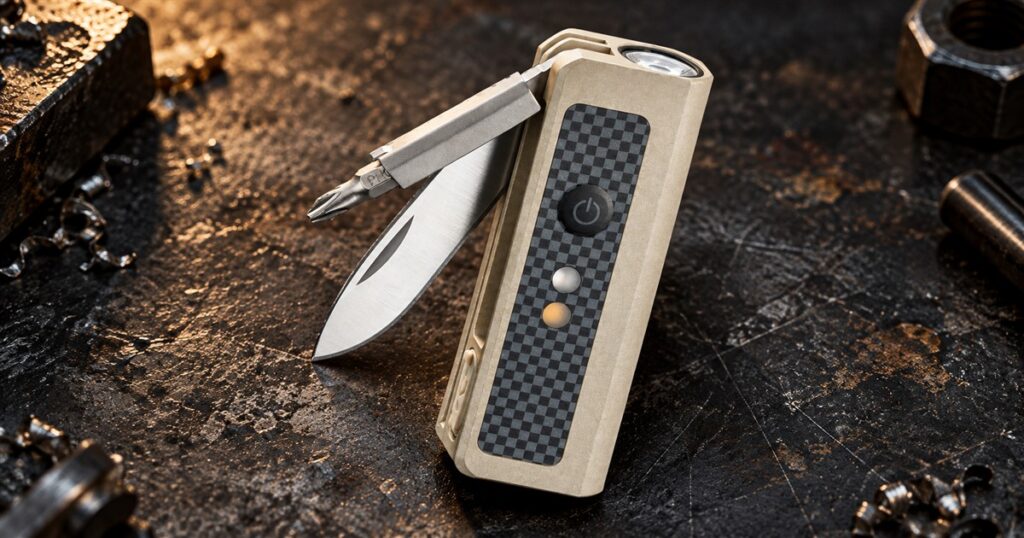 Compact knife, flashlight and bit driver on a work surface