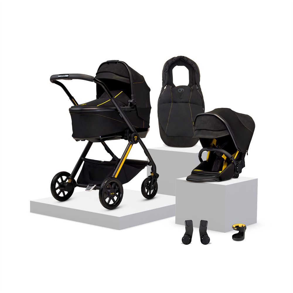 Silver Cross x Lamborghini Reef AL Giallo stroller bundle with carrycot, seat, and accessories
