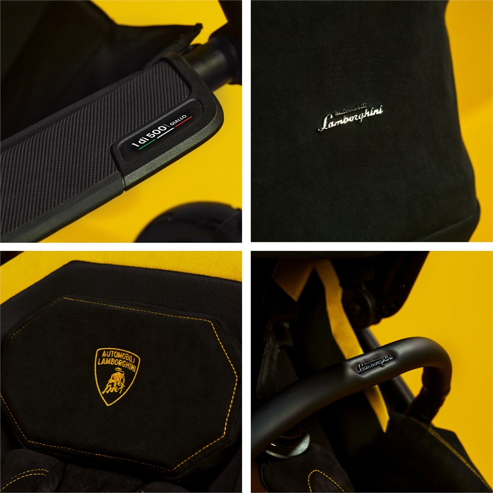 Close-up collage of Reef AL Giallo Lamborghini-inspired numbered plaque and premium details