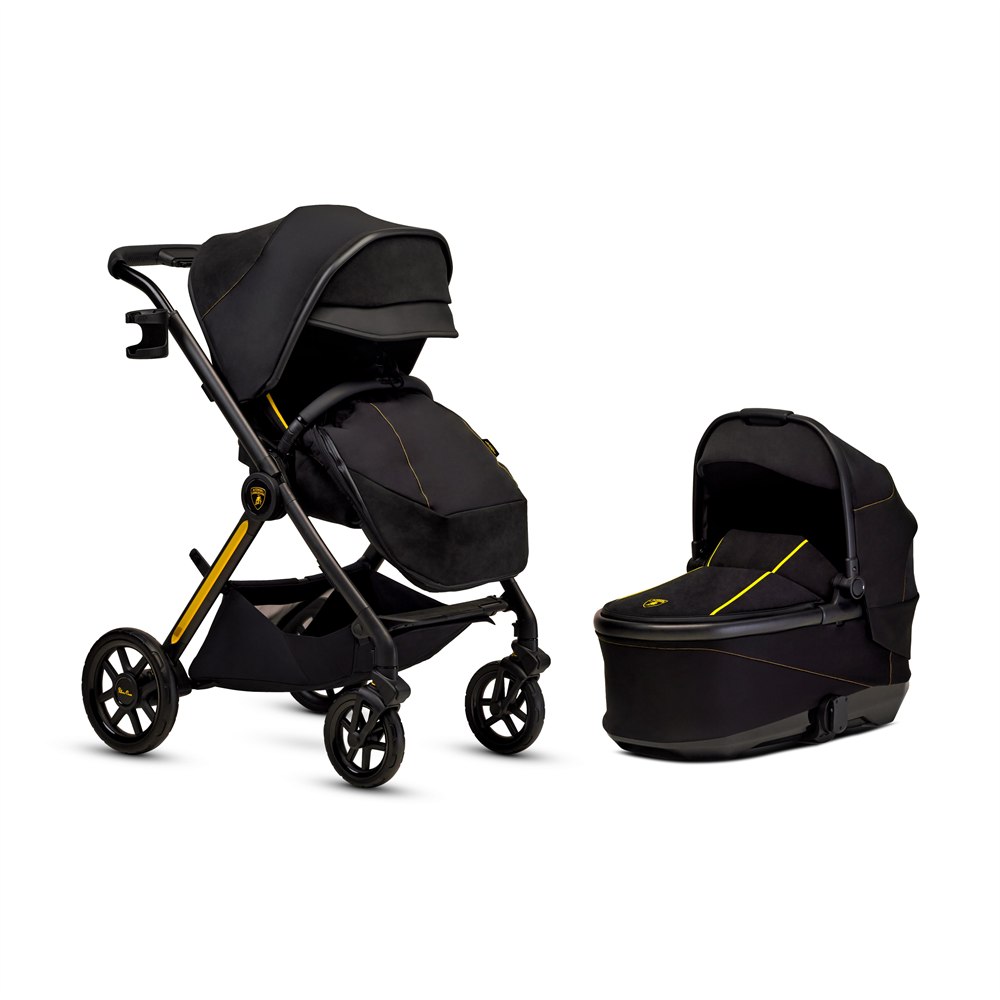 Reef AL Giallo stroller with seat, carrycot, and footmuff components