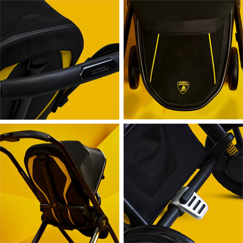 Close-up collage of Reef AL Giallo yellow stitching, wheel, footmuff, and carrycot details