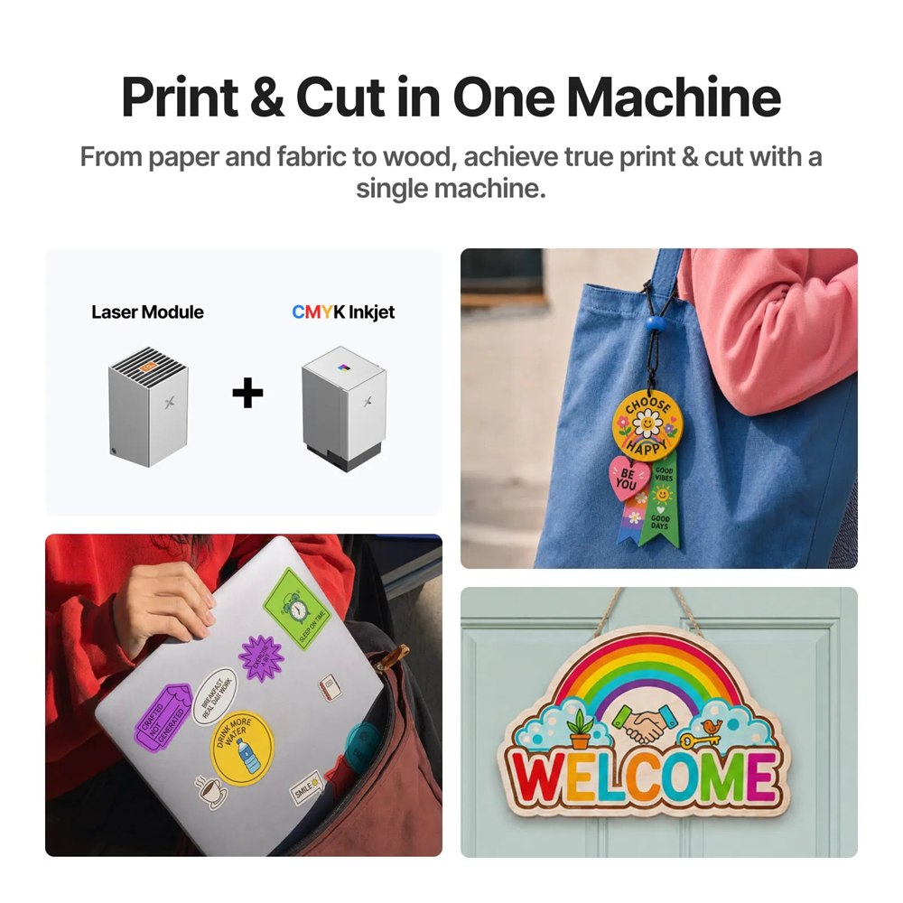 xTool M2 laser and inkjet modules with colorful craft examples