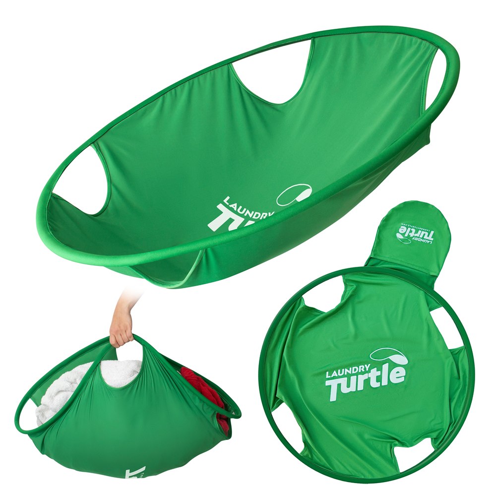 Laundry Turtle green basket open, gathered, and collapsed