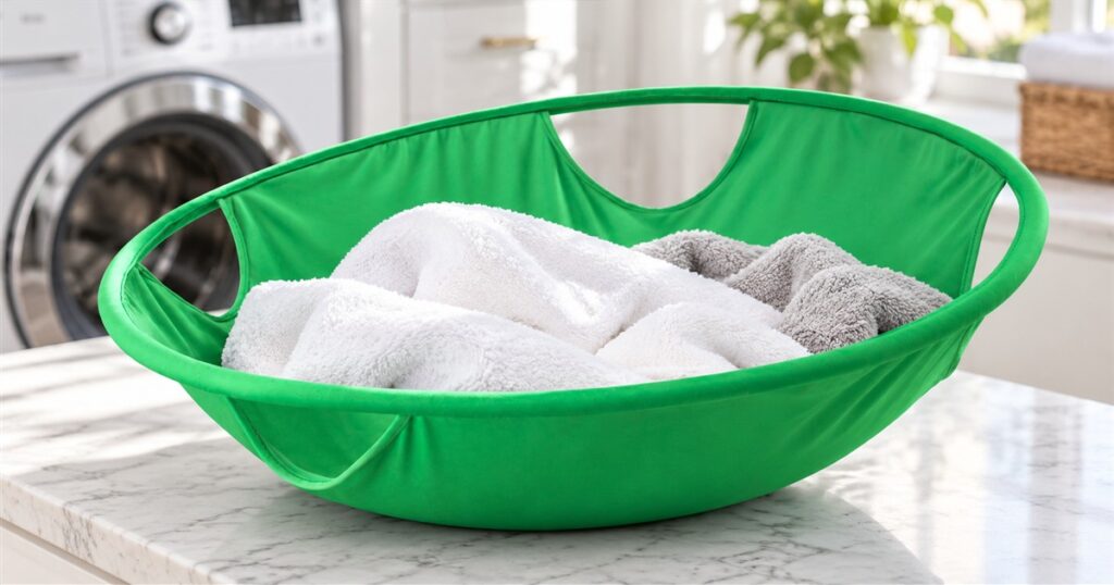 Green collapsible laundry basket with towels in a laundry room