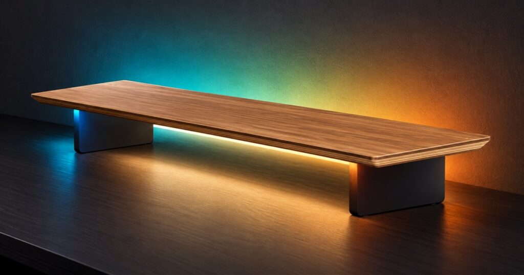 Walnut LED monitor stand with warm task and colored ambient lighting