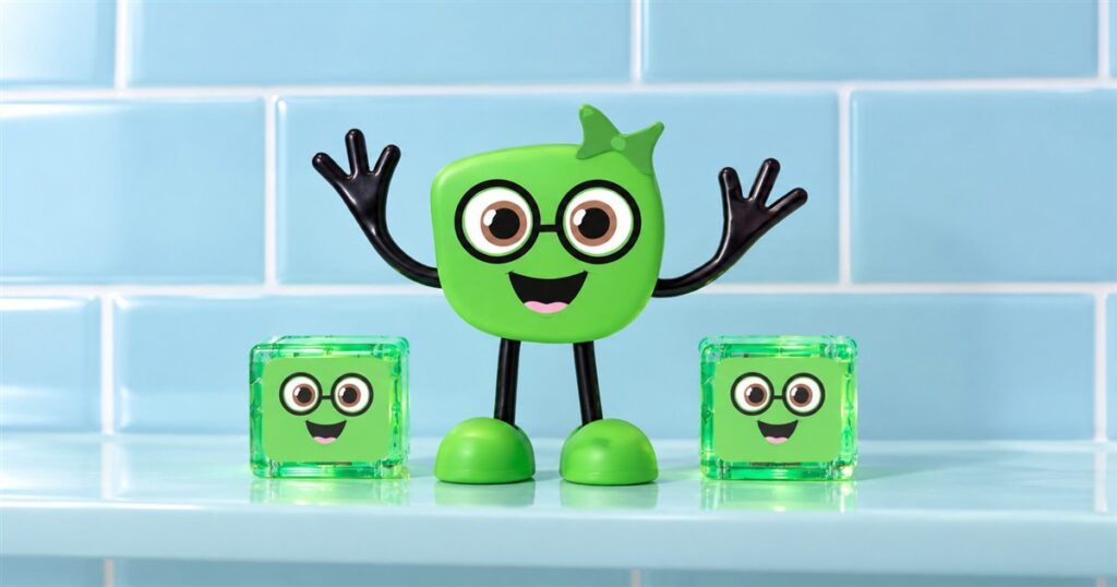 Pippa green bath character with two matching light-up cubes
