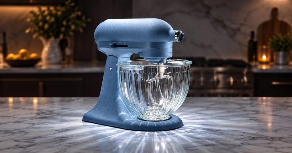 Blue stand mixer illuminating a fluted glass bowl on a marble counter