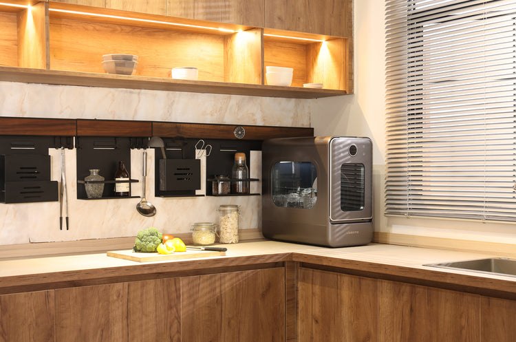 LISSOME R1 portable dishwasher sitting on a kitchen counter