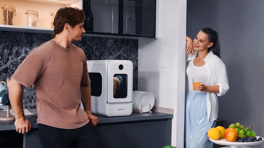 LISSOME R1 white portable dishwasher in a compact kitchen