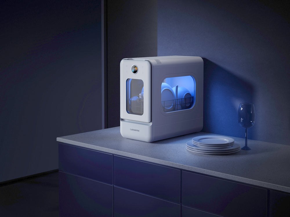 White LISSOME R1 dishwasher glowing on a modern countertop