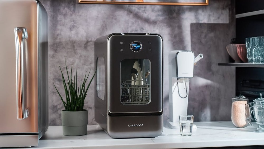 LISSOME R1 countertop dishwasher close-up in a kitchen setting