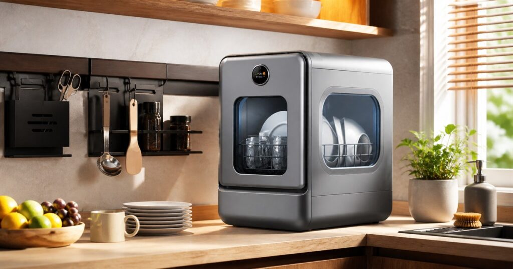 LISSOME R1 portable AI-assisted countertop dishwasher in a kitchen