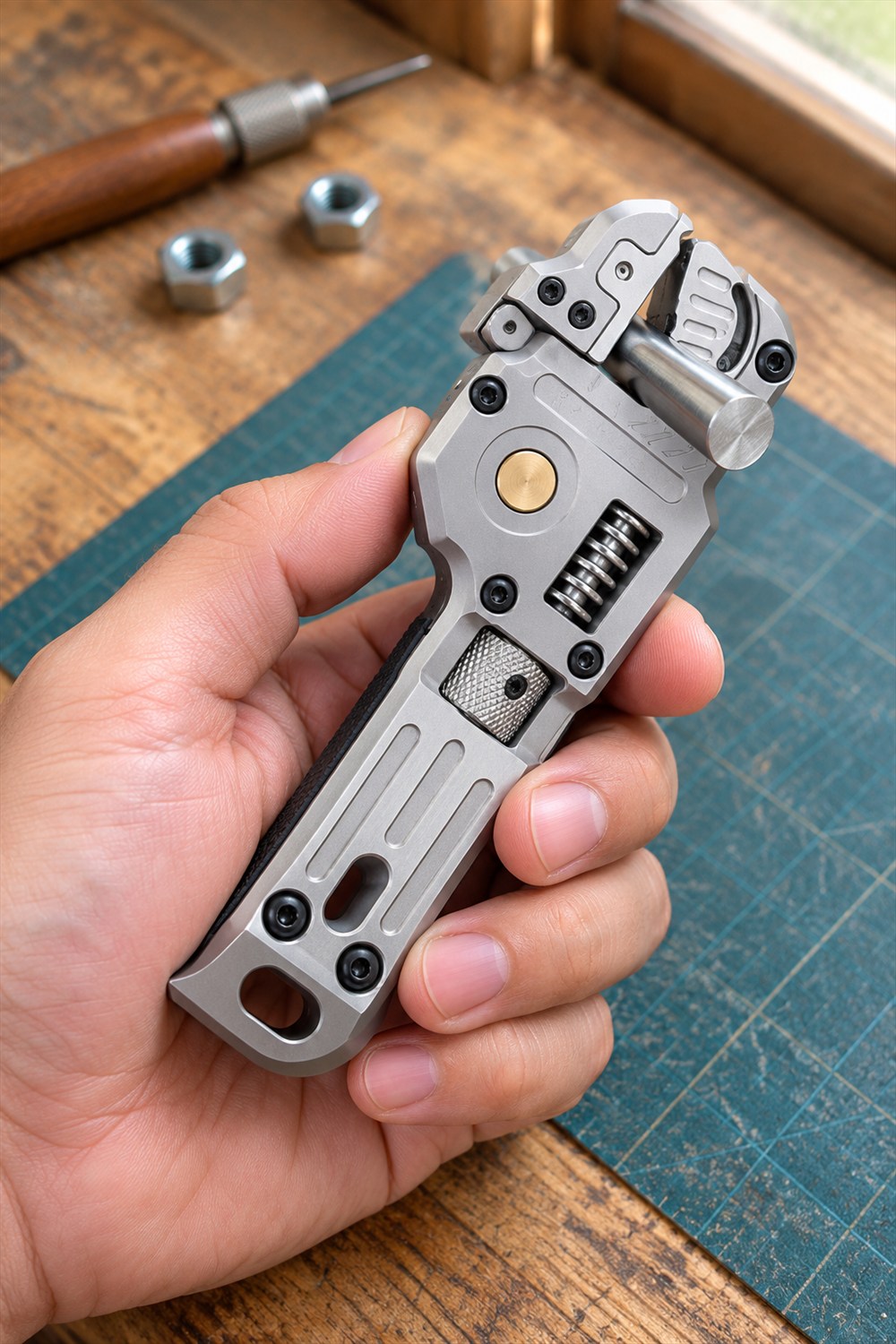 A hand holds a silver MakerPi Tiwrench gripping a short metal rod above a teal cutting mat on a wooden workbench.