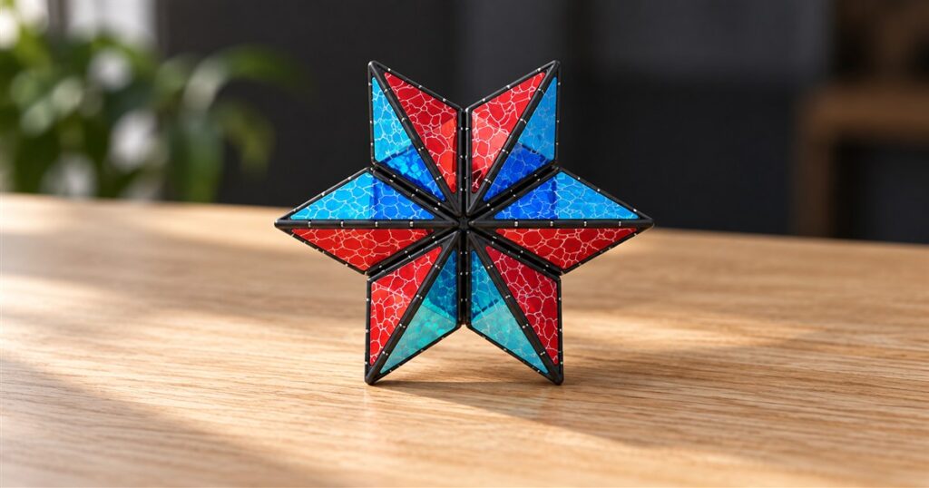 Colorful black-framed magnetic pyramid blocks arranged as a geometric sculpture