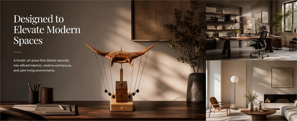 Wooden manta ray styled on a desk in the seller gallery