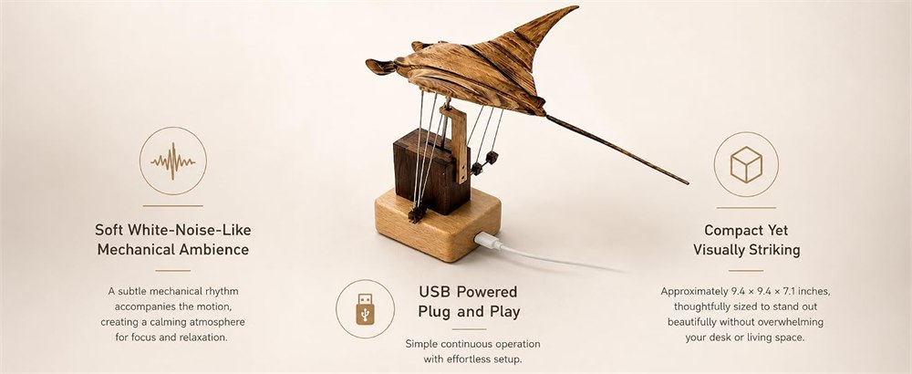 Seller illustration showing the USB cable connection and wooden sculpture