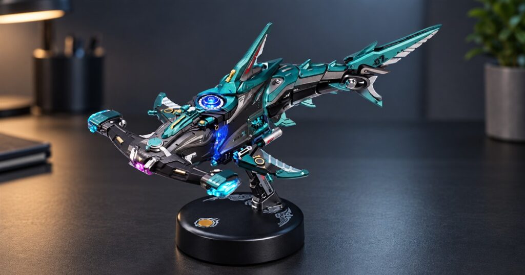 Teal mechanical hammerhead shark model with glowing details on a round display base