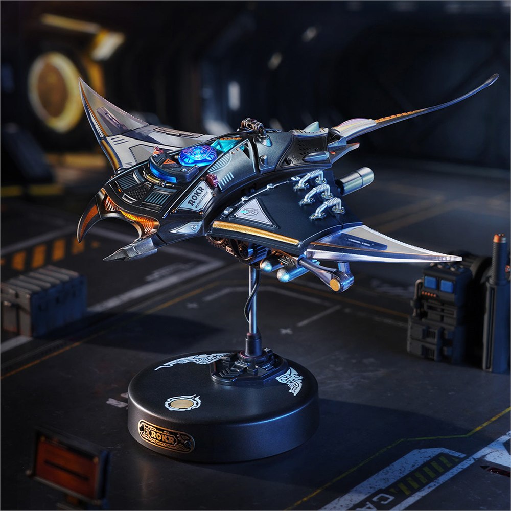 Mechanical manta ray displayed against a futuristic backdrop