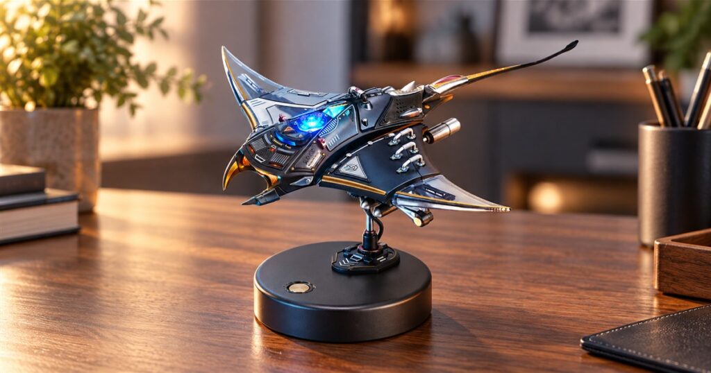 Mechanical manta ray model on a round base on a wooden desk