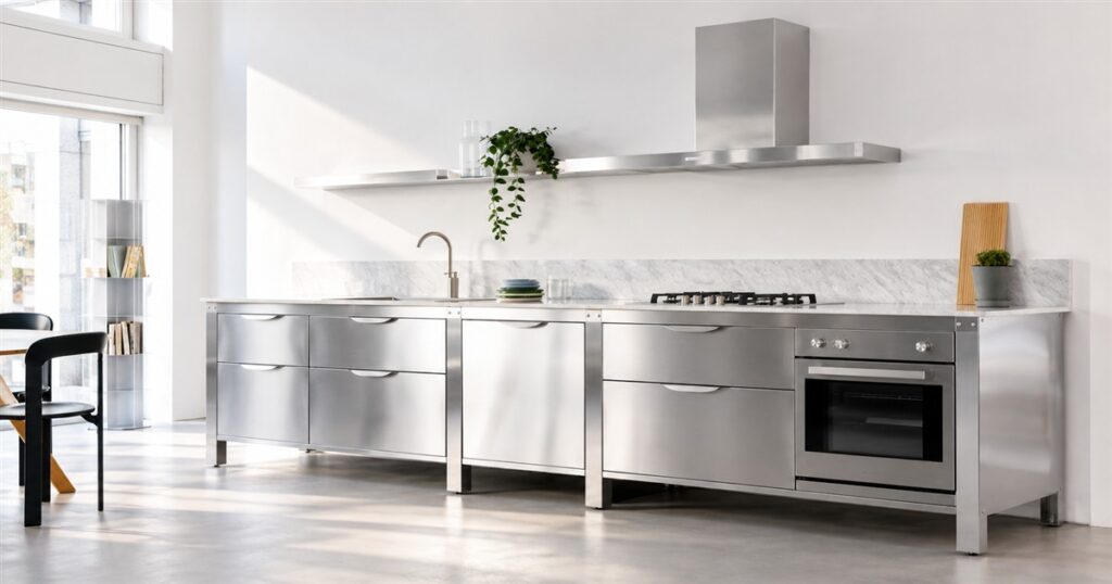 Freestanding modular stainless steel kitchen with exposed legs