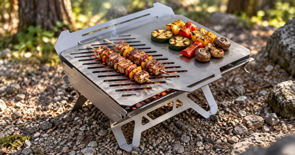 GrilTi EVER modular titanium camp grill with split cooking surface