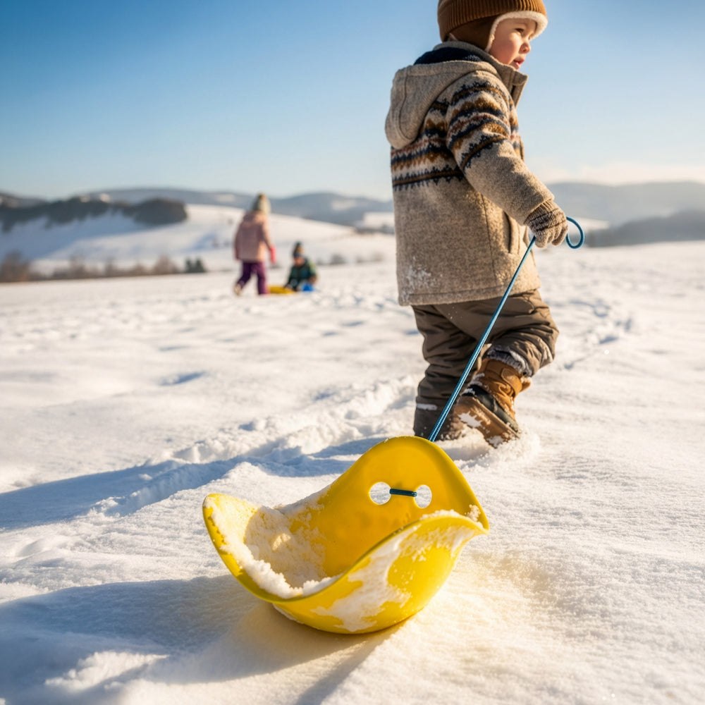 Blue MOLUK Bilibo shell used during supervised snow play.