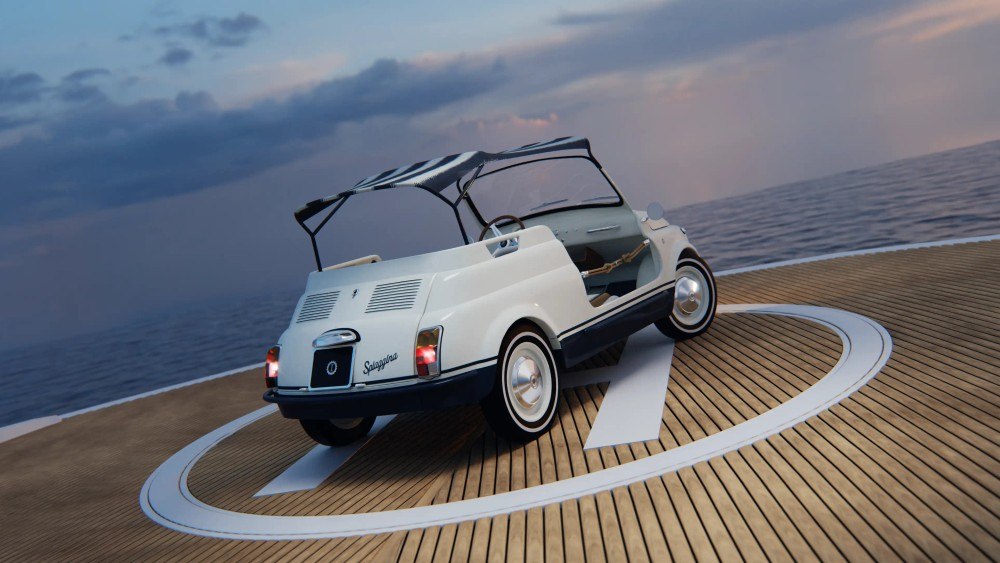 Nautical Fiat 500 Spiaggina rear view in the official launch rendering