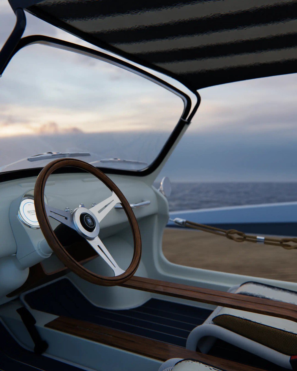 Wood steering wheel and open cabin of the nautical Spiaggina