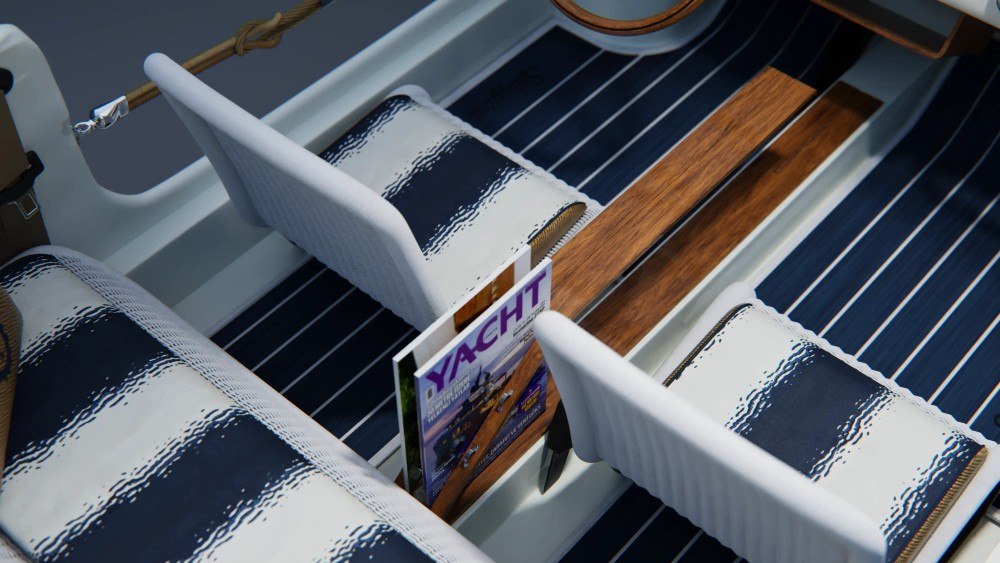 Center wood tunnel with magazine slots between woven seats