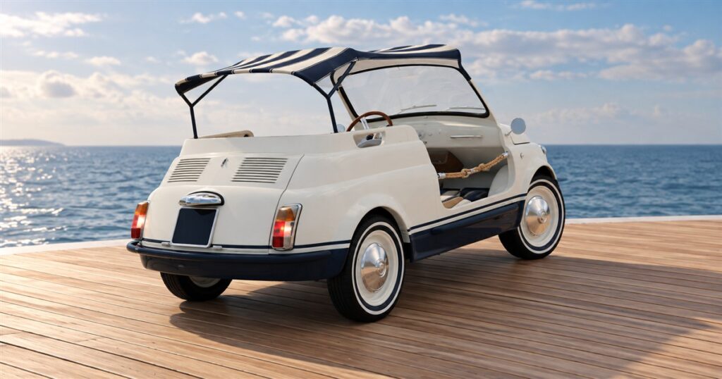Nautical Fiat 500 beach car with striped canopy