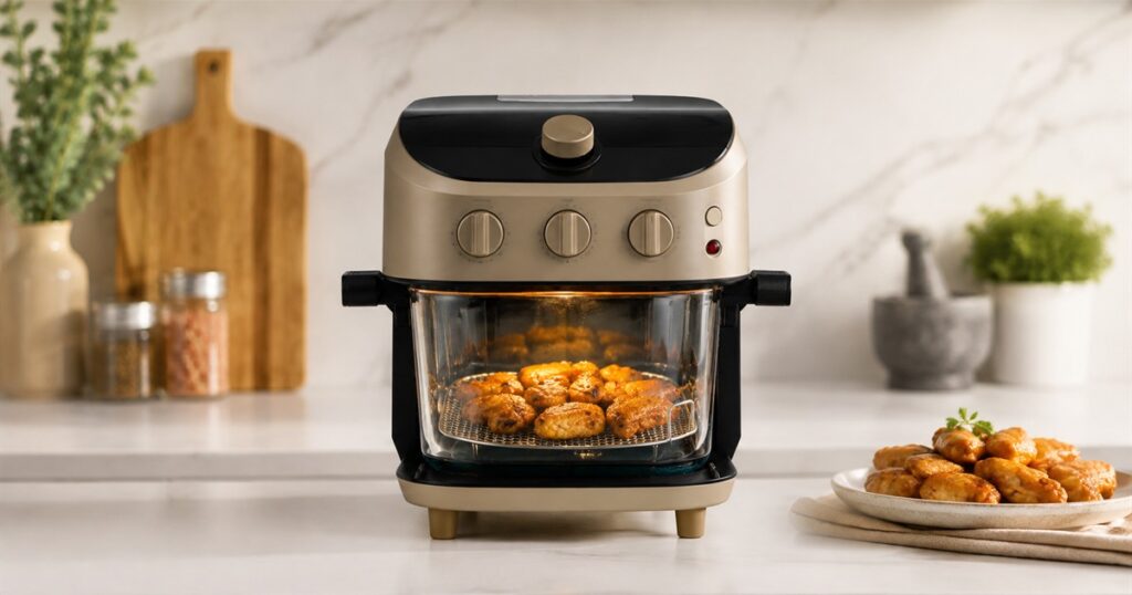 Generated no-text image of the Nester glass air fryer on a kitchen counter