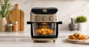 Generated no-text image of the Nester glass air fryer on a kitchen counter