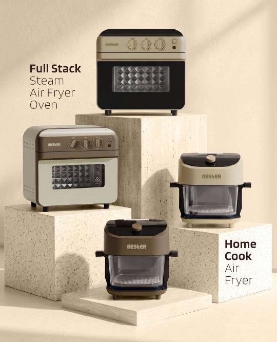 Nester recipe book page showing the Home Cook air fryer appliance lineup