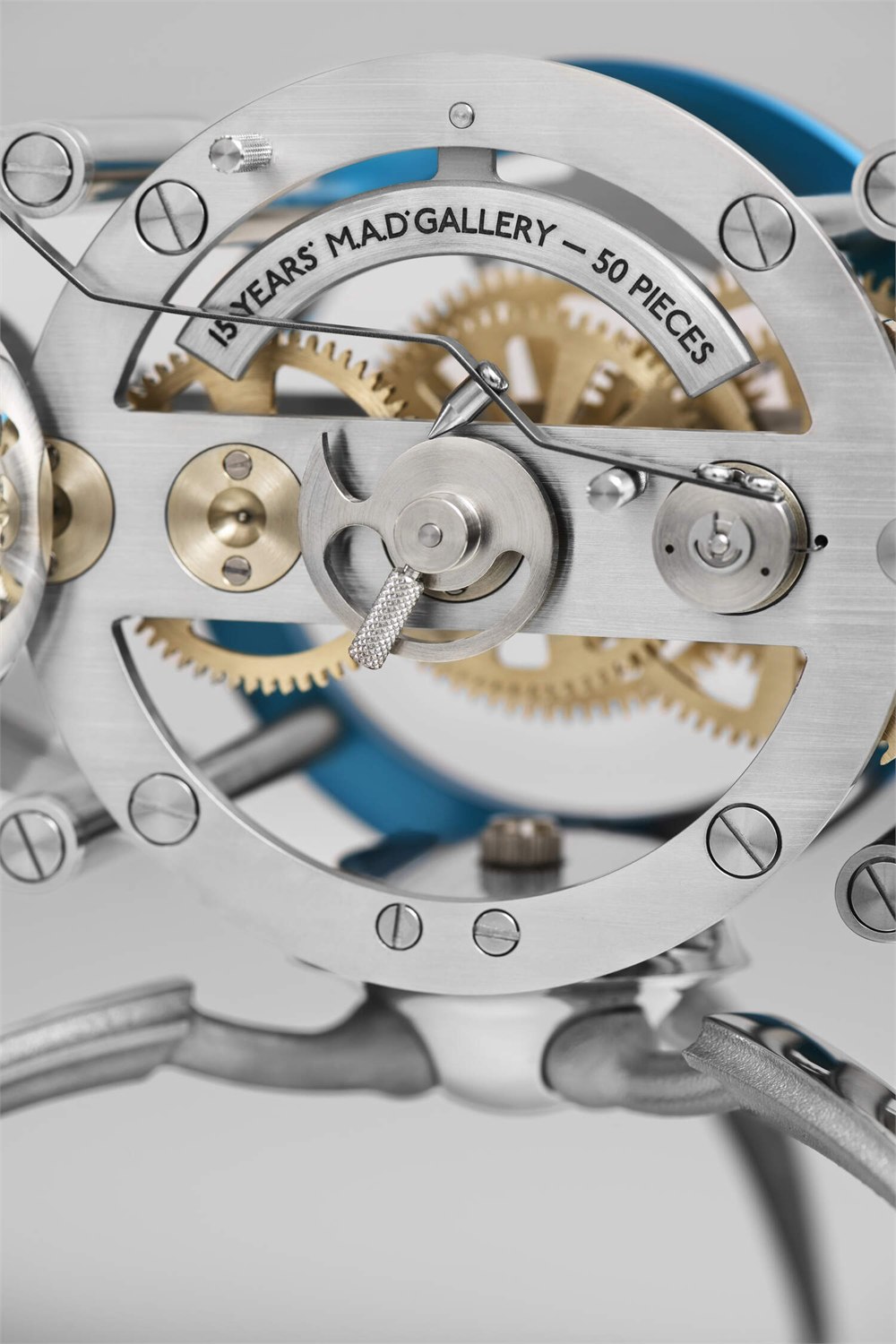 Nostromo movement showing brass gears and silver bridges