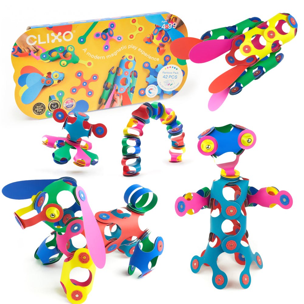 Clixo Rainbow Pack colorful flexible magnetic pieces built into animals and shapes