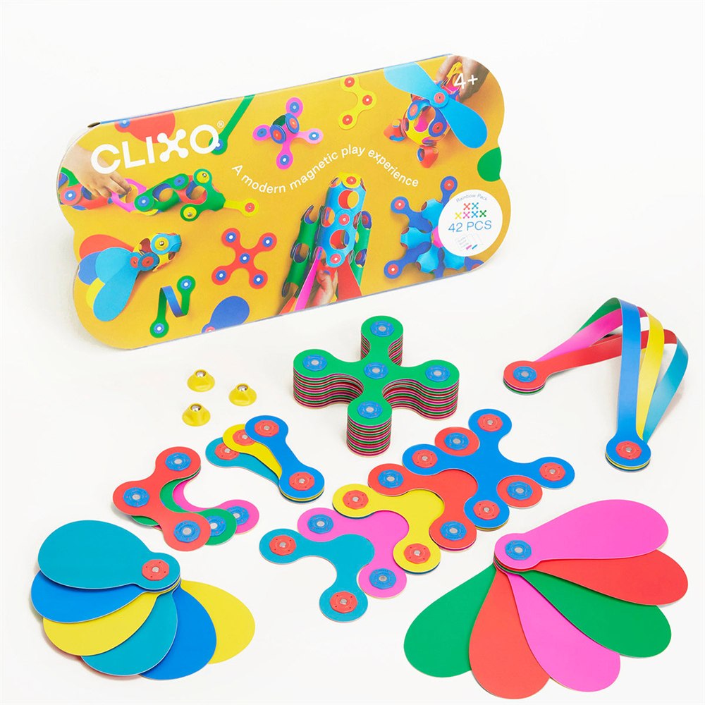 Clixo Rainbow Pack flexible magnetic pieces arranged in rainbow colors