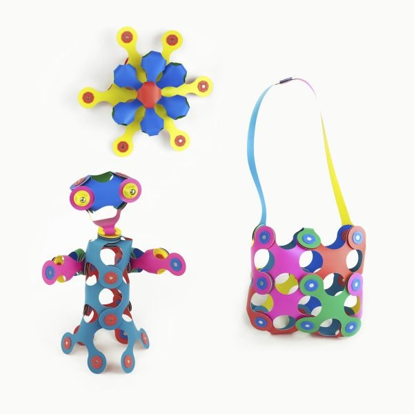 Clixo Rainbow Pack pieces built into a flower shape, character, and small bag