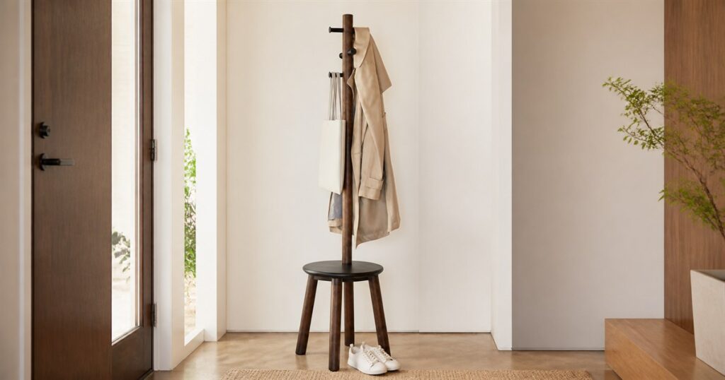 Umbra Pillar Stool and Coat Rack in a compact entryway